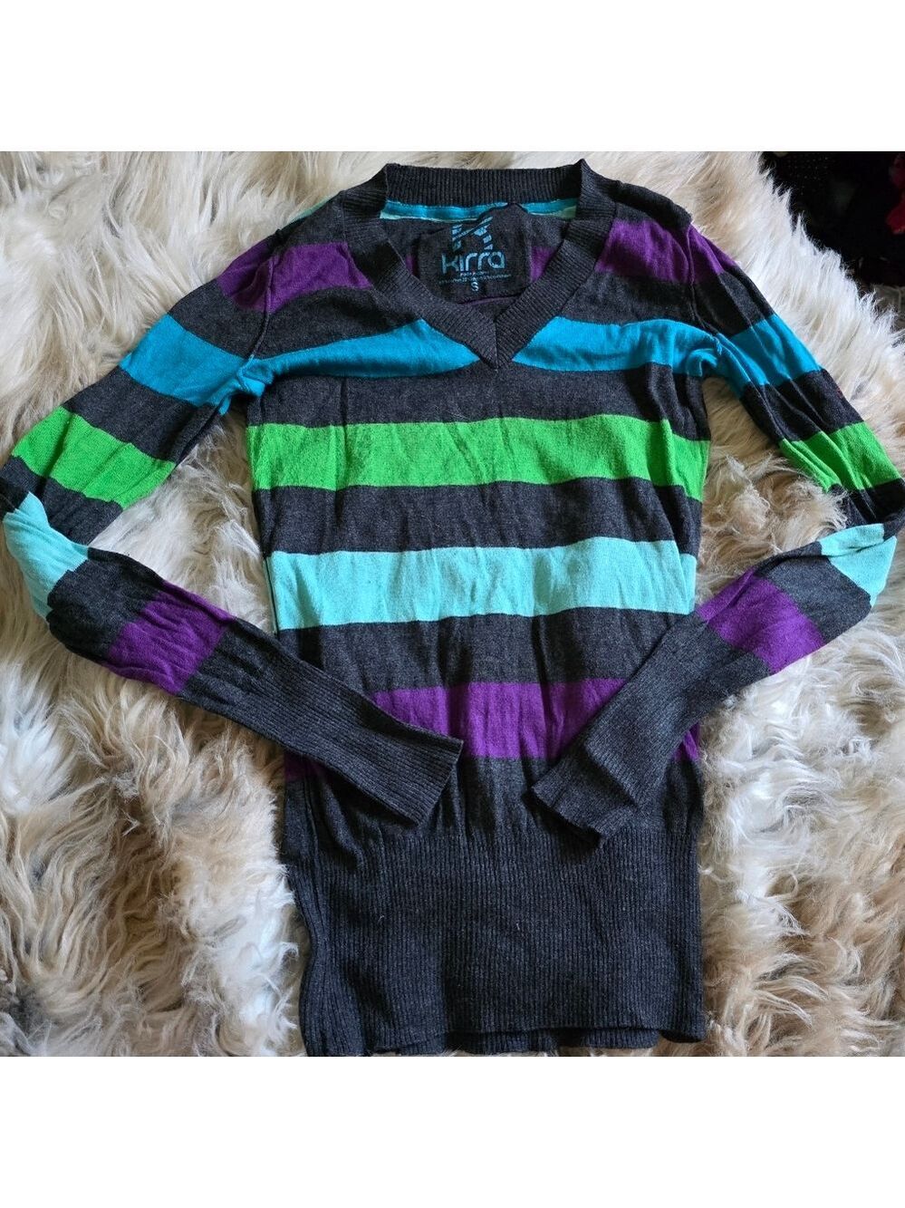 Kirra Women's V-Neck Sweater Gray Teal Green Purple Stripe